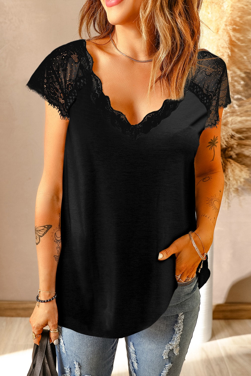 Scalloped Spliced Lace V-Neck Top - Online Only