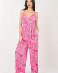 VERY J Printed Pleated Sleeveless Wide Leg Jumpsuit