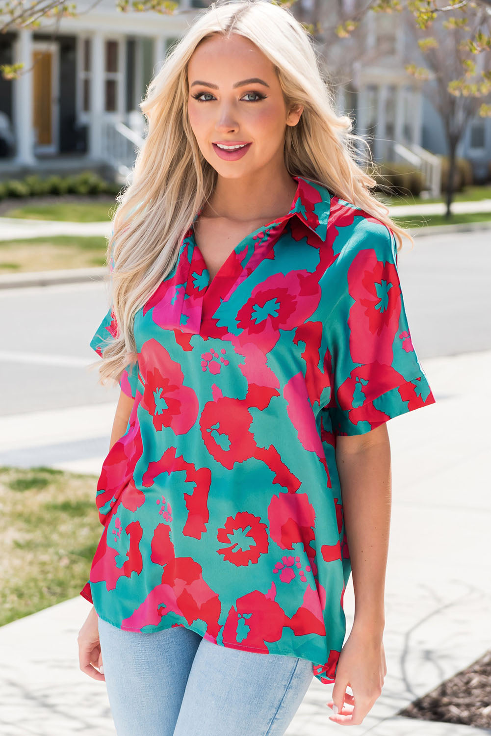 Printed Johnny Collar Short Sleeve Top - Online Only