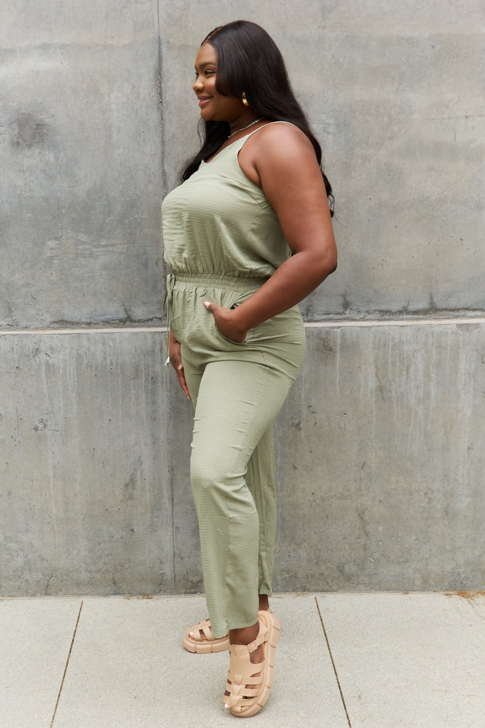 ODDI Textured Woven Jumpsuit in Sage - Online Only