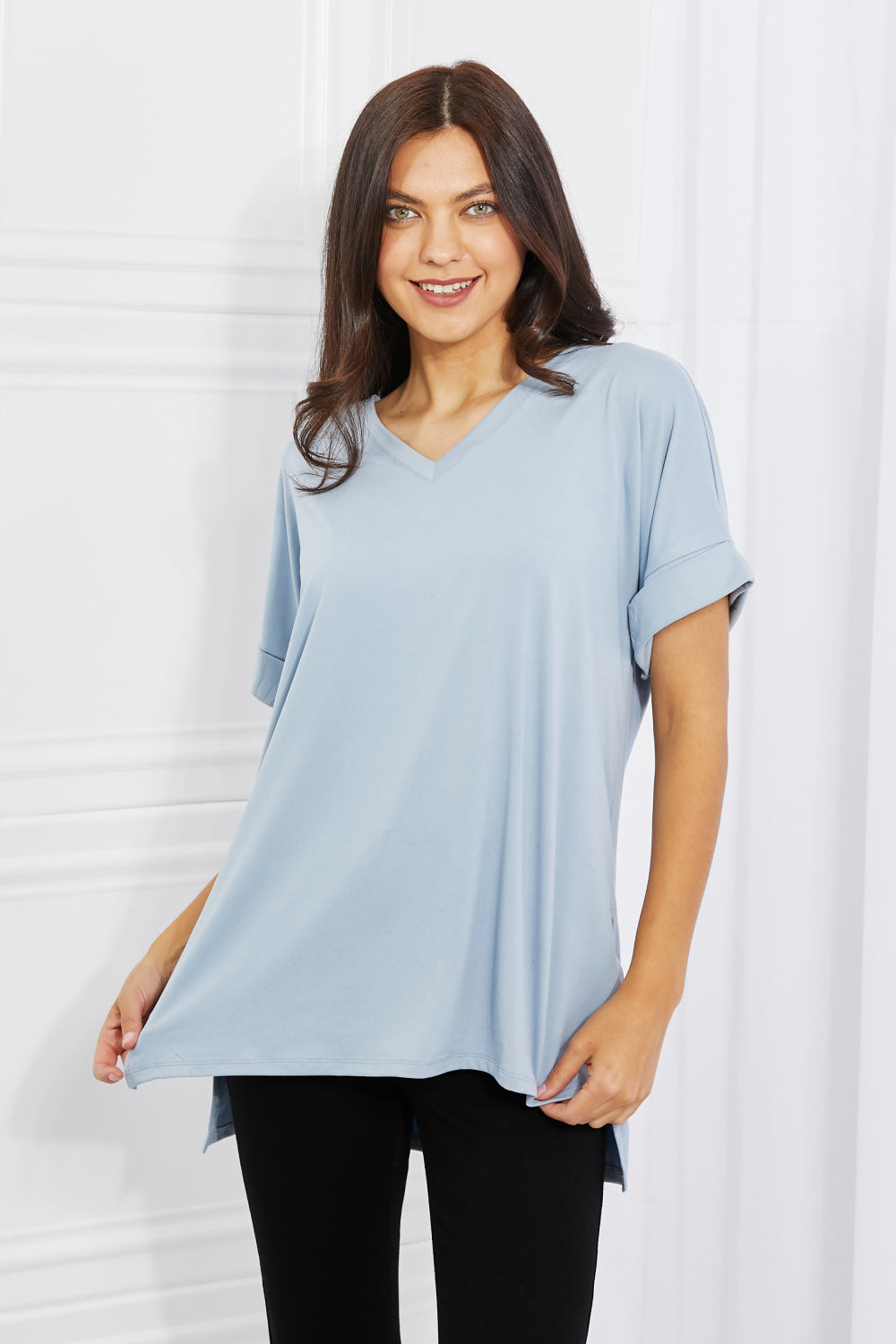 Zenana Simply Comfy V-Neck Loose Fit Shirt in Blue - Online Only