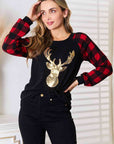 Heimish Full Size Sequin Reindeer Graphic Plaid Top