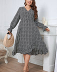 Plus Size Printed V-Neck Flounce Sleeve Midi Dress - Online Only