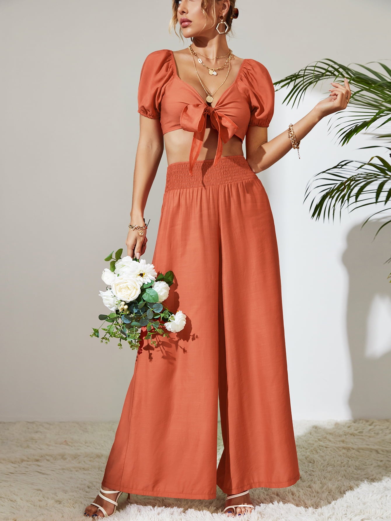 Tie Front Cropped Top and Smocked Wide Leg Pants Set - Online Only