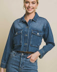 LOVE TREE Raw Hem Button Up Cropped Denim Jacket