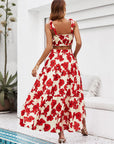Floral Tie Shoulder Top and Tiered Maxi Skirt Set - Online Only