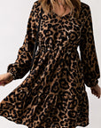 Leopard V-Neck Balloon Sleeve Tiered Dress - Online Only