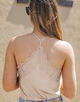 Lace Trim Buttoned Spaghetti Strap Bodysuit - Online Only