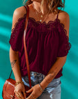 Spaghetti Strap Cold-Shoulder Lace Trim Blouse - Online Only