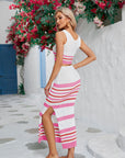 Striped Openwork Cropped Tank and Split Skirt Set - Online Only