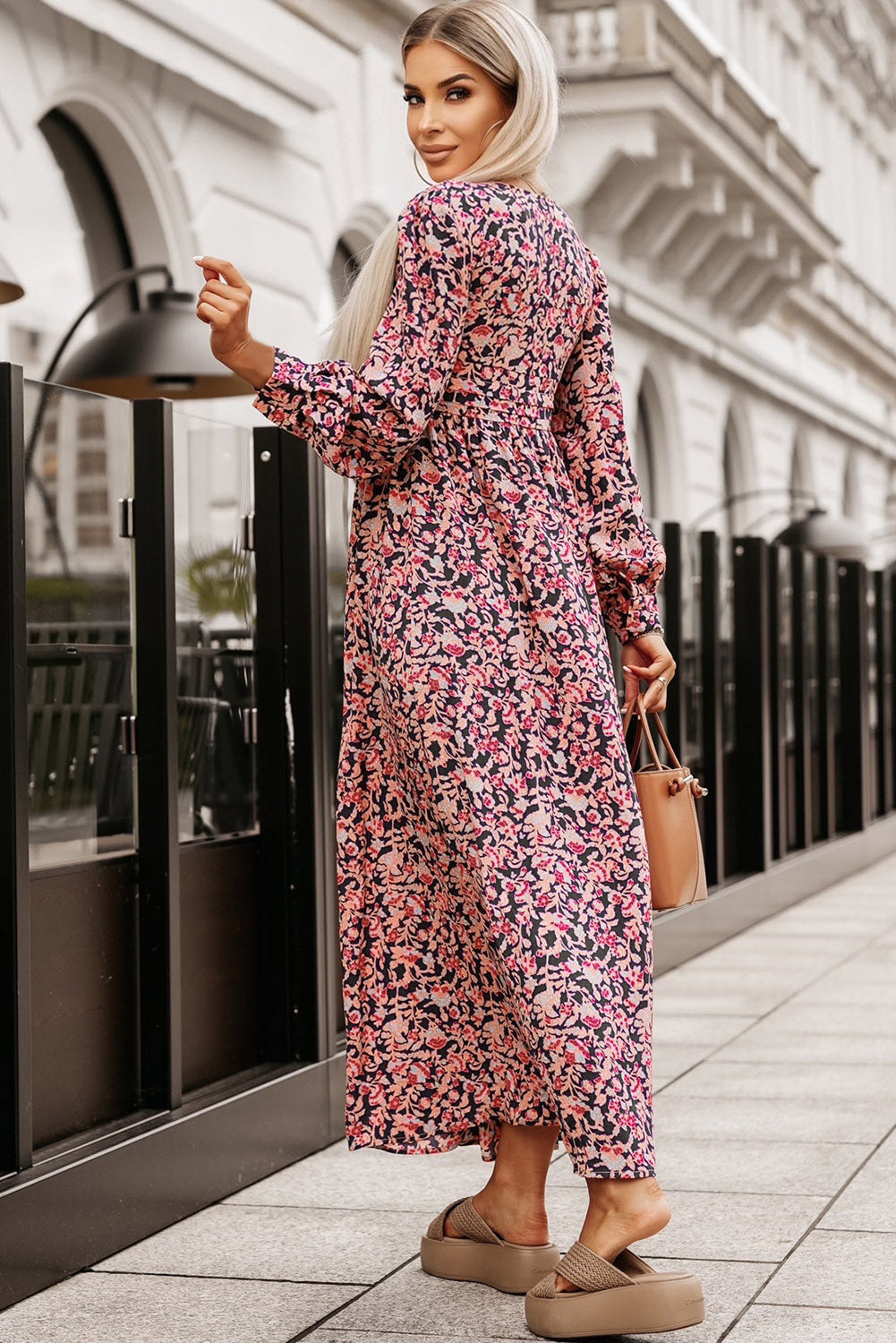 Printed V-Neck Long Sleeve Maxi Dress - Online Only