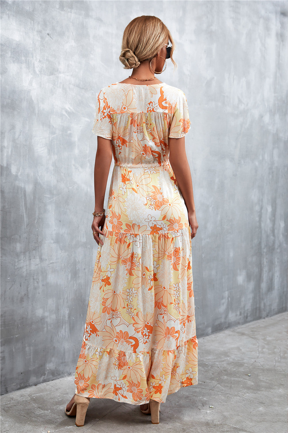 Floral Buttoned Drawstring Waist Tiered Dress - Online Only