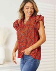 Double Take Floral Flutter Sleeve Notched Neck Blouse