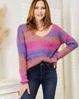 Double Take Multicolored Rib-Knit V-Neck Knit Pullover