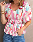 Printed V-Neck Babydoll Blouse - Online Only