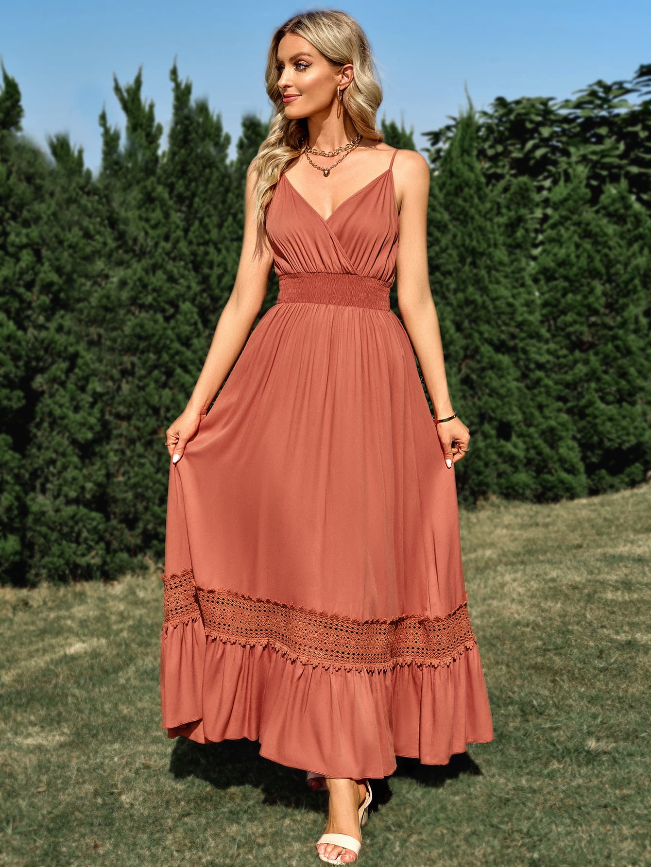 Spaghetti Strap Smocked Waist Spliced Lace Dress - Online Only
