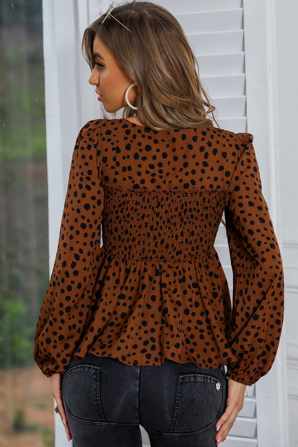 Square Neck Long Sleeve Smocked Blouse - Online Only