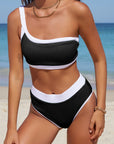Contrast Trim Ribbed One-Shoulder Bikini Set - Online Only