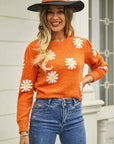 Flower Pattern Round Neck Short Sleeve Pullover Sweater - Online Only