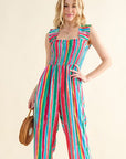 And The Why Full Size Striped Smocked Sleeveless Jumpsuit