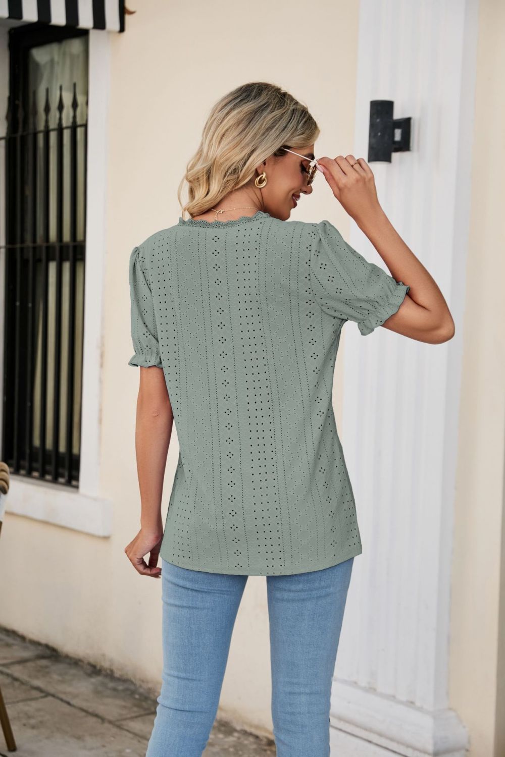 Eyelet Flounce Sleeve Scalloped V-Neck Top - Online Only