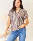 Double Take Multicolored Stripe Notched Neck Top