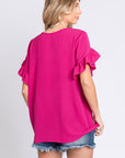 GeeGee V-Neck Ruffle Trim Short Sleeve Blouse