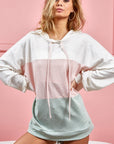 BiBi Drawstring Color Block Hooded Long Sleeve Top