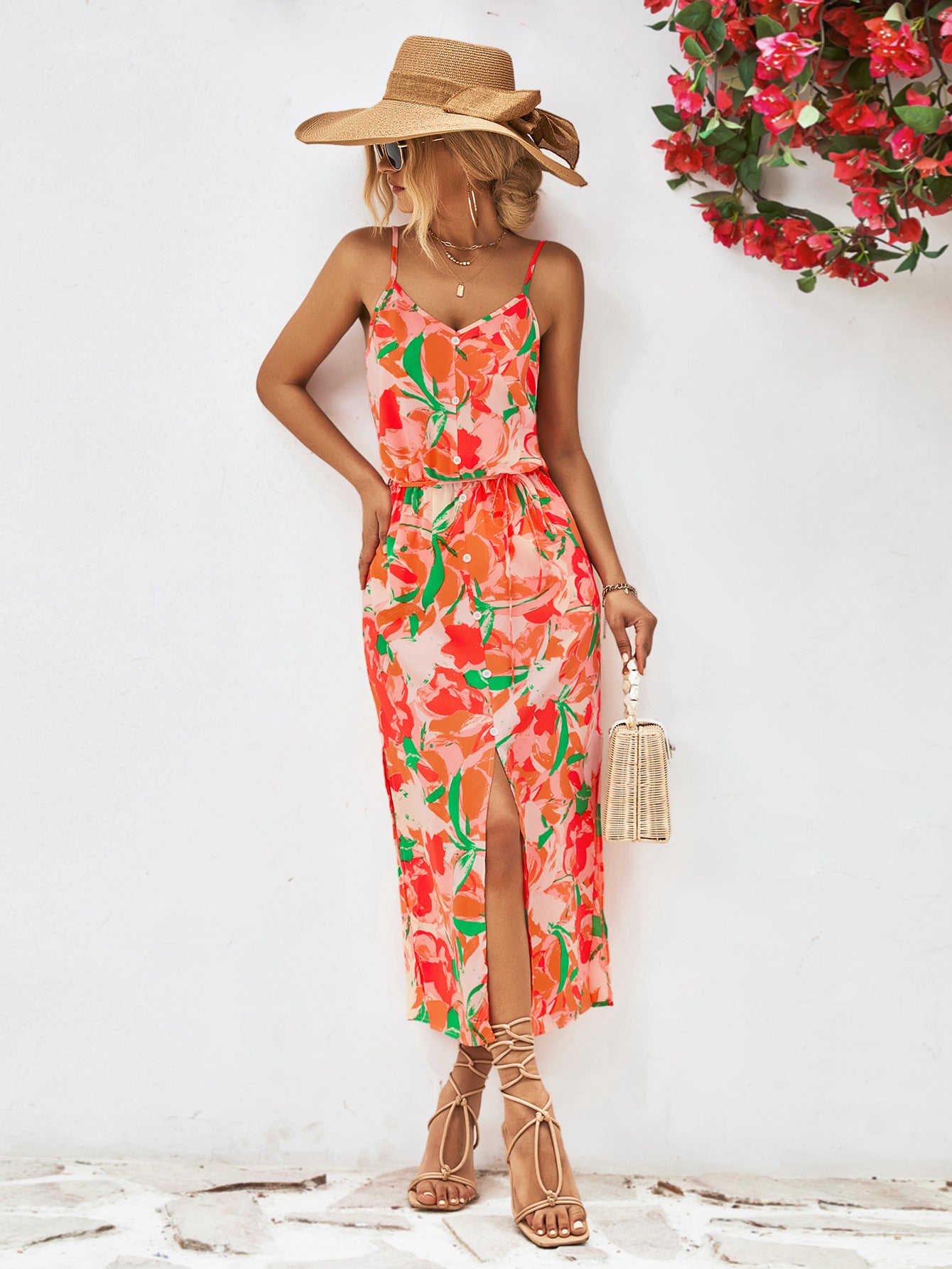 Printed Spaghetti Strap Front Slit Dress - Online Only