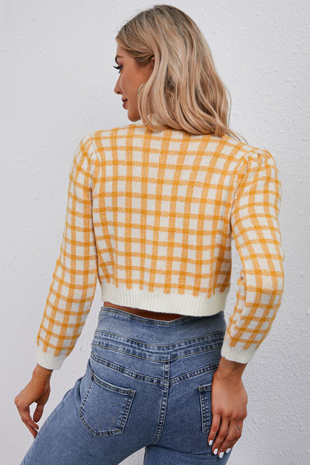 Plaid Buttoned Cropped Cardigan - Online Only