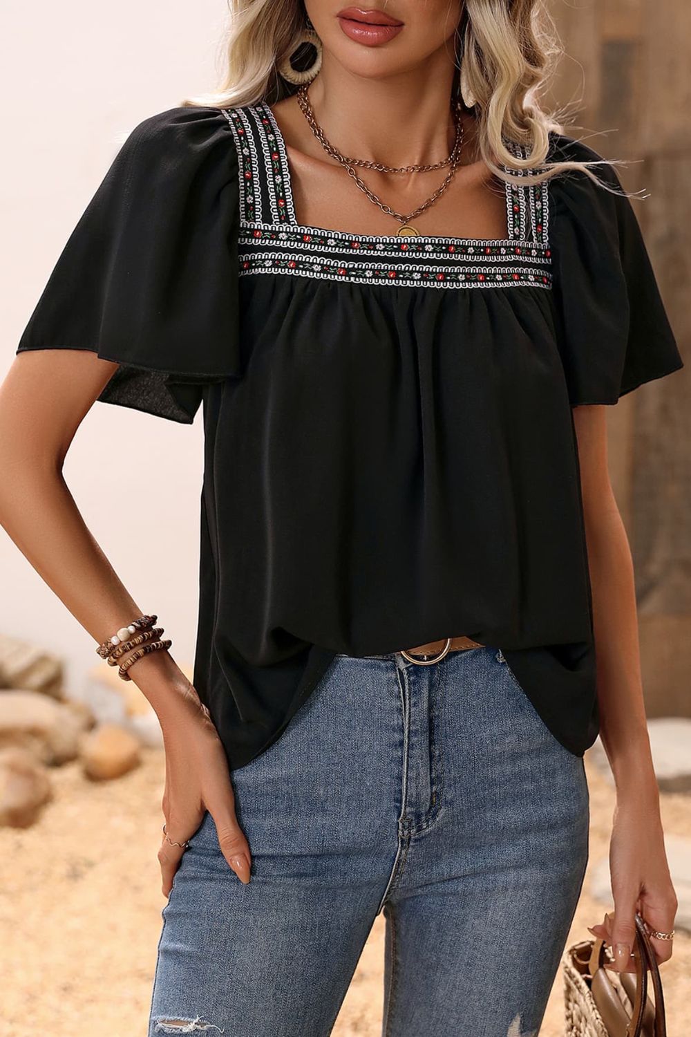 Contrast Square Neck Puff Sleeve Blouse - Online Only