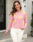 Flower Pattern Round Neck Short Sleeve Pullover Sweater - Online Only