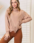 Woven Right Turtleneck Fringe Front Long Sleeve Sweater