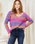 Double Take Multicolored Rib-Knit V-Neck Knit Pullover