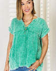 Zenana Washed Raw Hem Short Sleeve Blouse with Pockets