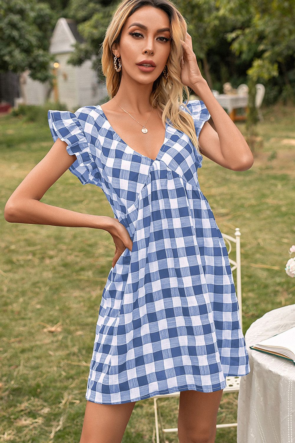 Plaid Butterfly Sleeve Deep V Dress - Online Only