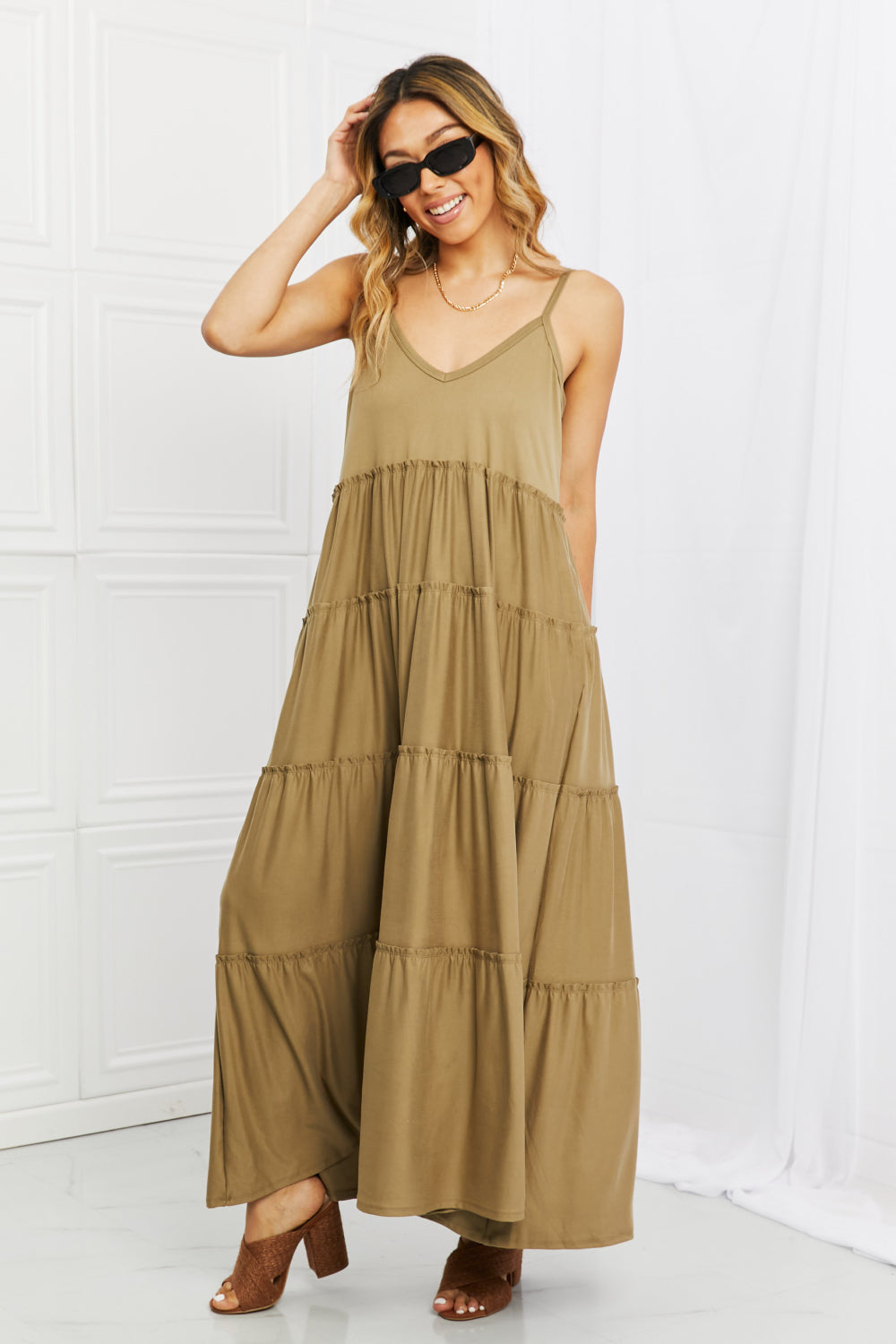 Zenana Spaghetti Strap Tiered Dress with Pockets in Khaki - Online Only