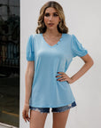 V-Neck Decorative Buttons Puff Sleeve Tee - Online Only