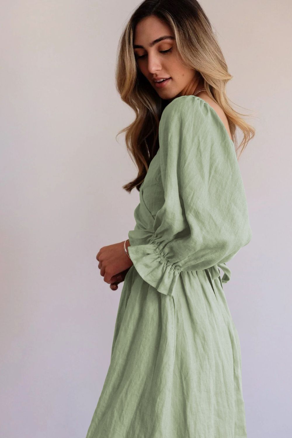 Smocked Square Neck Flounce Sleeve Dress - Online Only