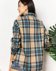 Double Take Plaid Curved Hem Shirt Jacket with Breast Pockets