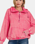 Zenana Drawstring Half Zip Dropped Shoulder Hoodie