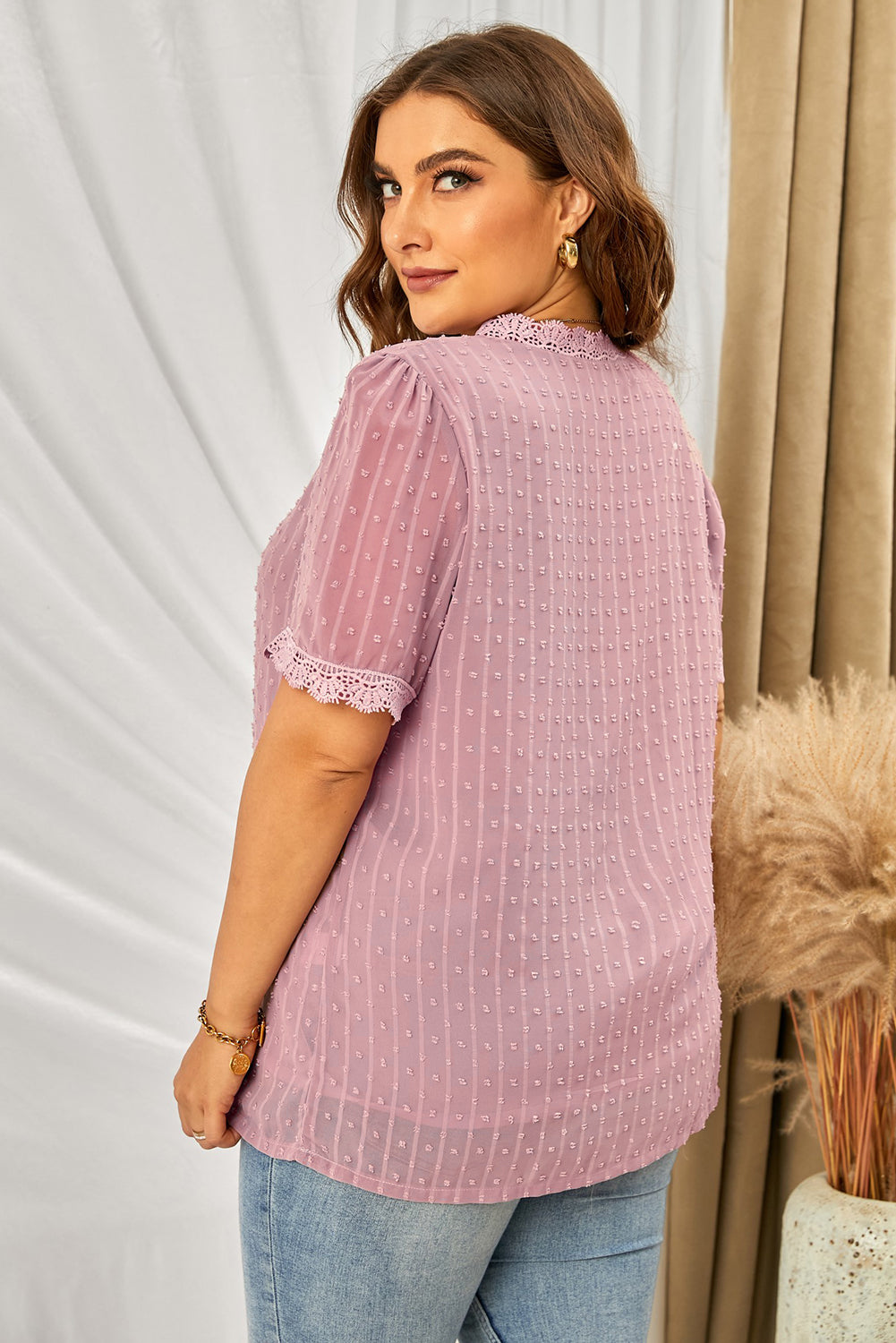 Plus Size Swiss Dot Spliced Lace V-Neck Blouse - Online Only