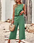 Buttoned Round Neck Tank and Wide Leg Pants Set - Online Only
