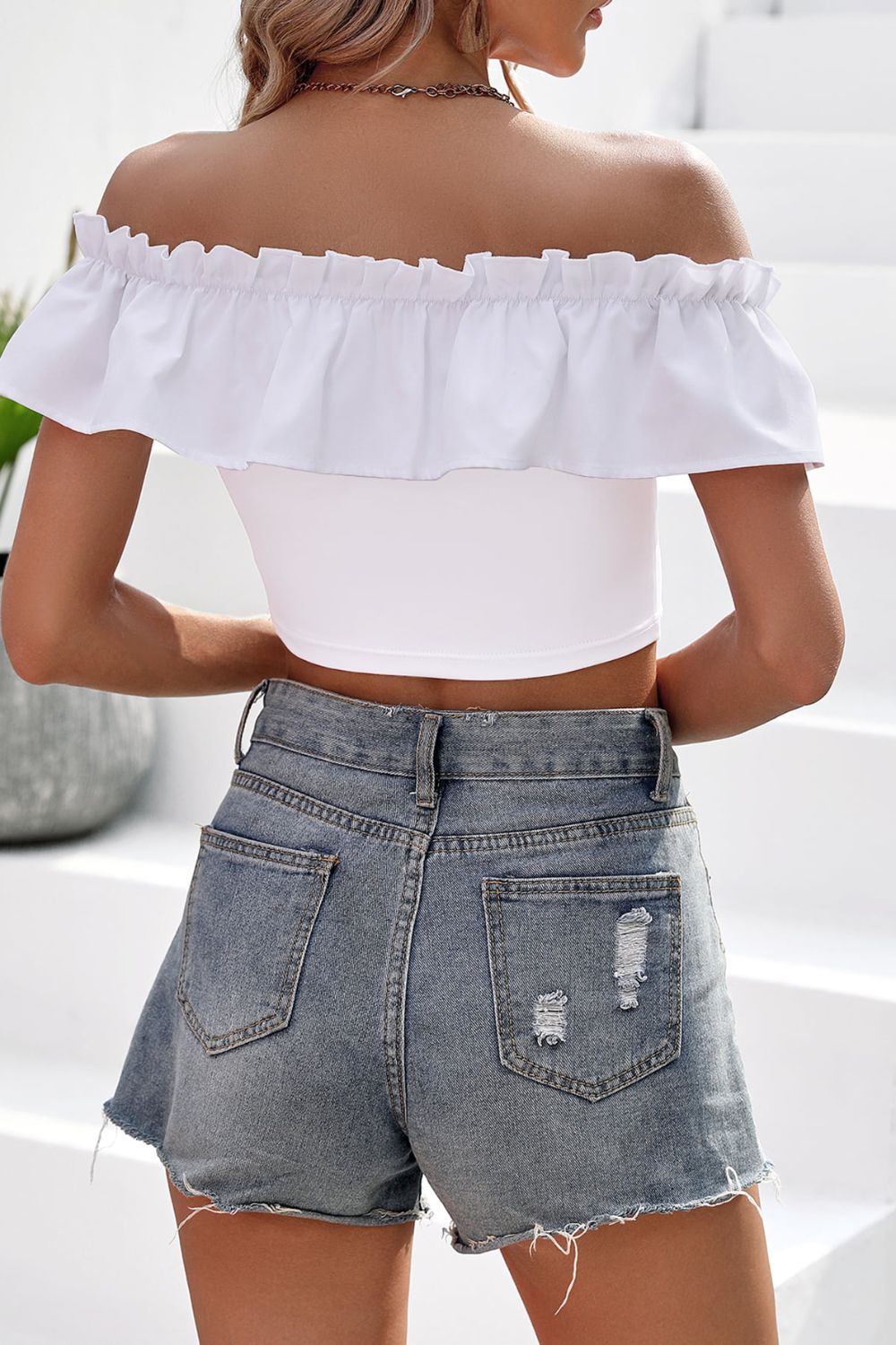 Off-Shoulder Ruffled Cropped Top - Online Only