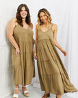 Zenana Spaghetti Strap Tiered Dress with Pockets in Khaki - Online Only