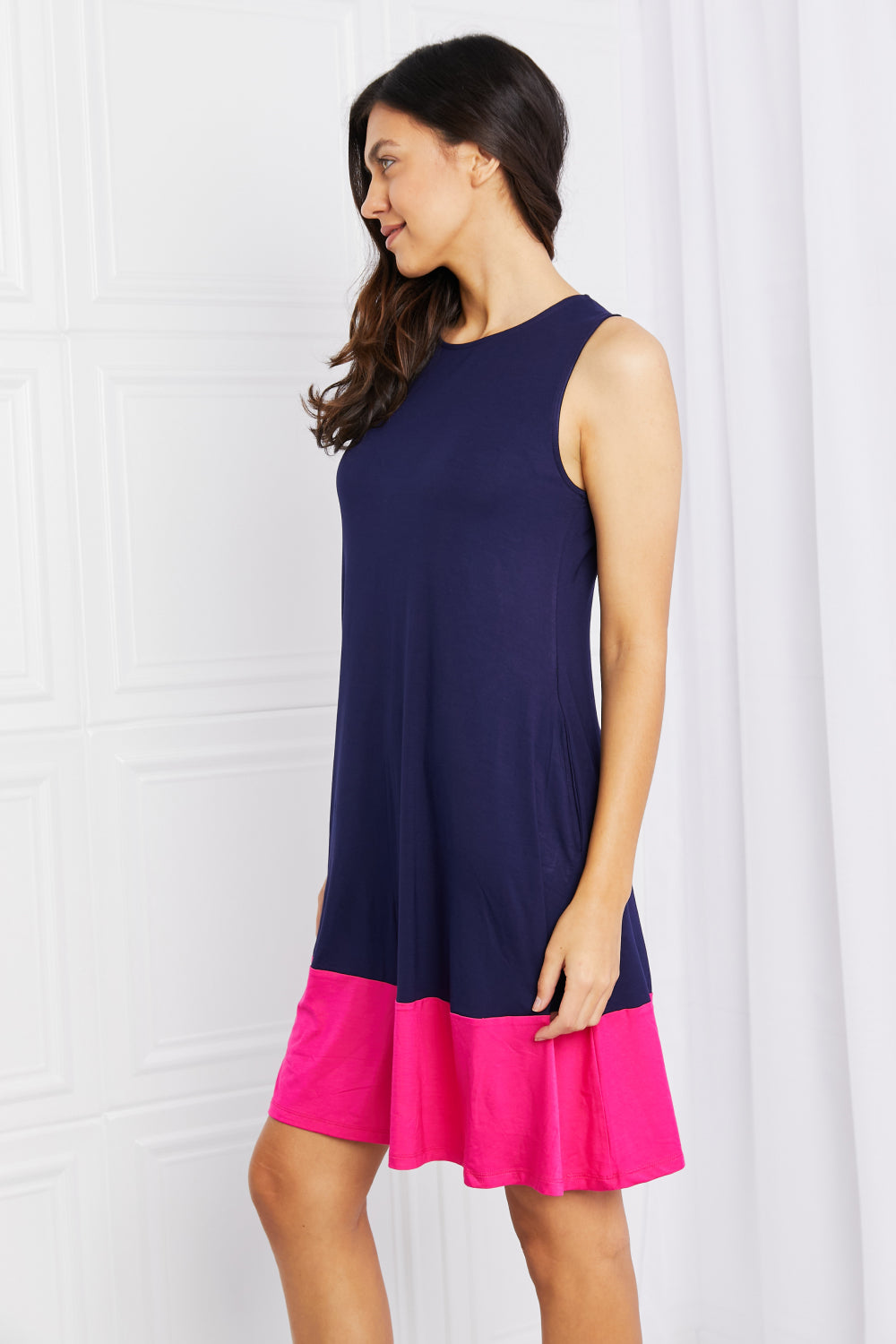 Yelete Two-Tone Sleeveless Mini Dress with Pockets - Online Only