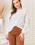 Double Take Eyelet Dropped Shoulder Round Neck Blouse