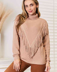 Woven Right Turtleneck Fringe Front Long Sleeve Sweater