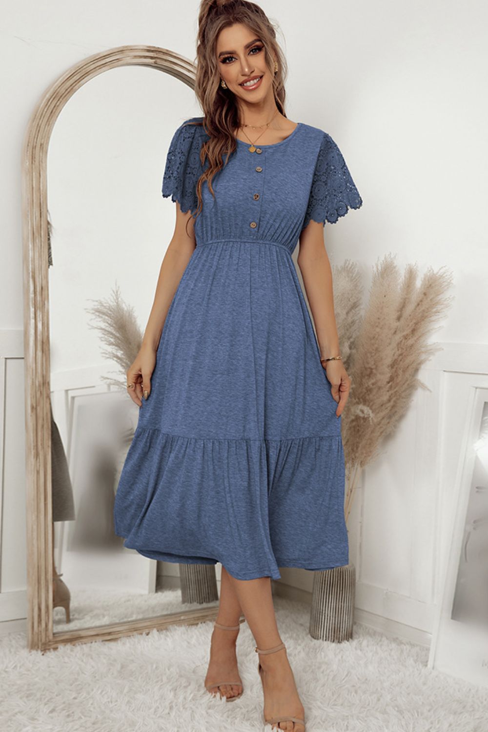 Decorative Button Round Neck Lace Sleeve Dress - Online Only