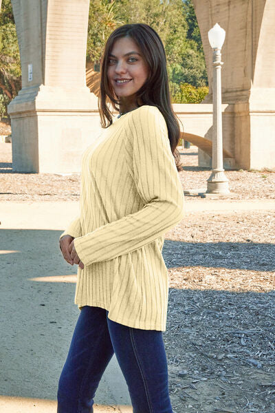 Basic Bae Full Size Ribbed Round Neck Long Sleeve Knit Top